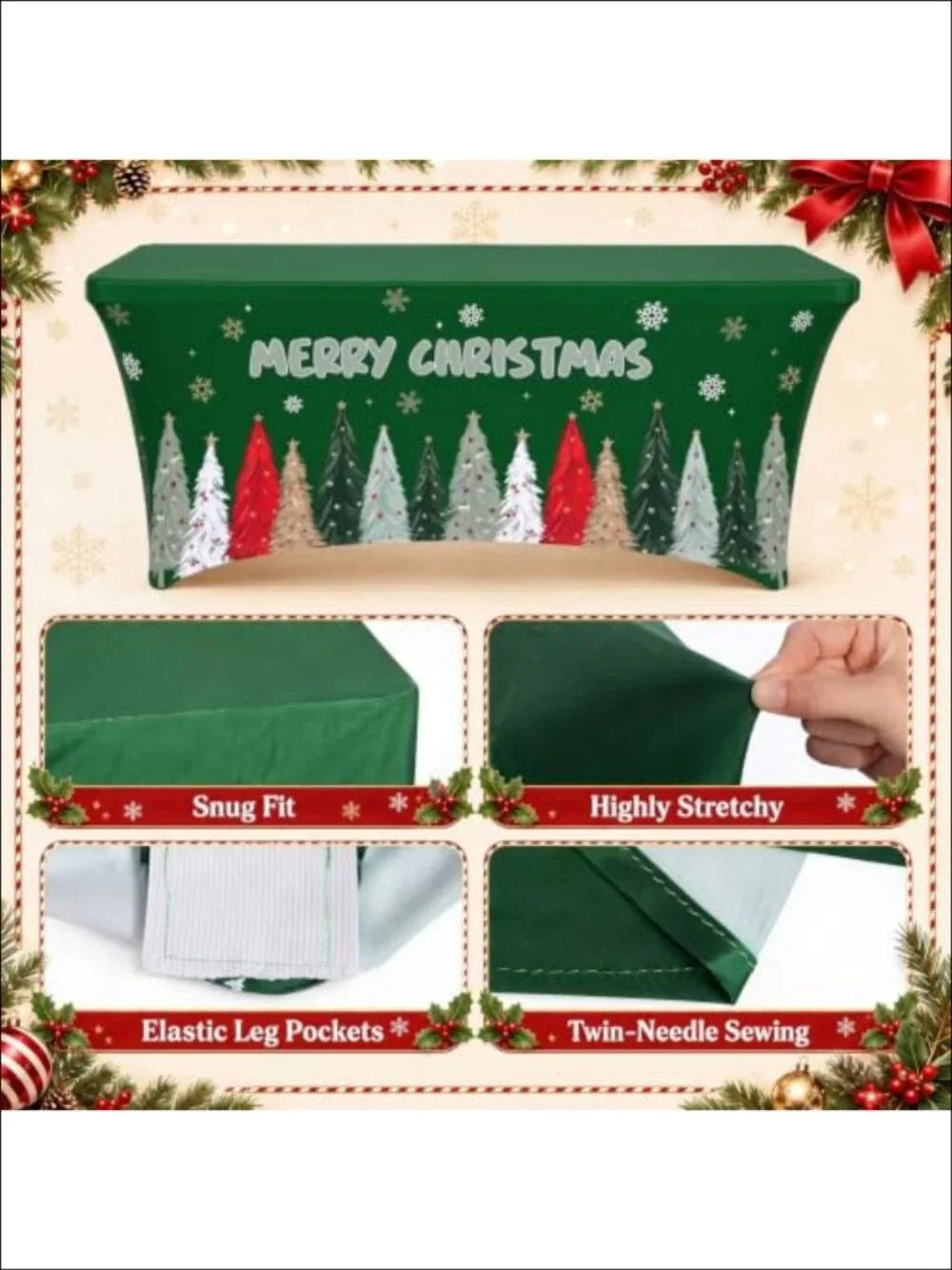 Stretch Spandex Tablecloth 6 ft Rectangular Christmas Tree Table Cover